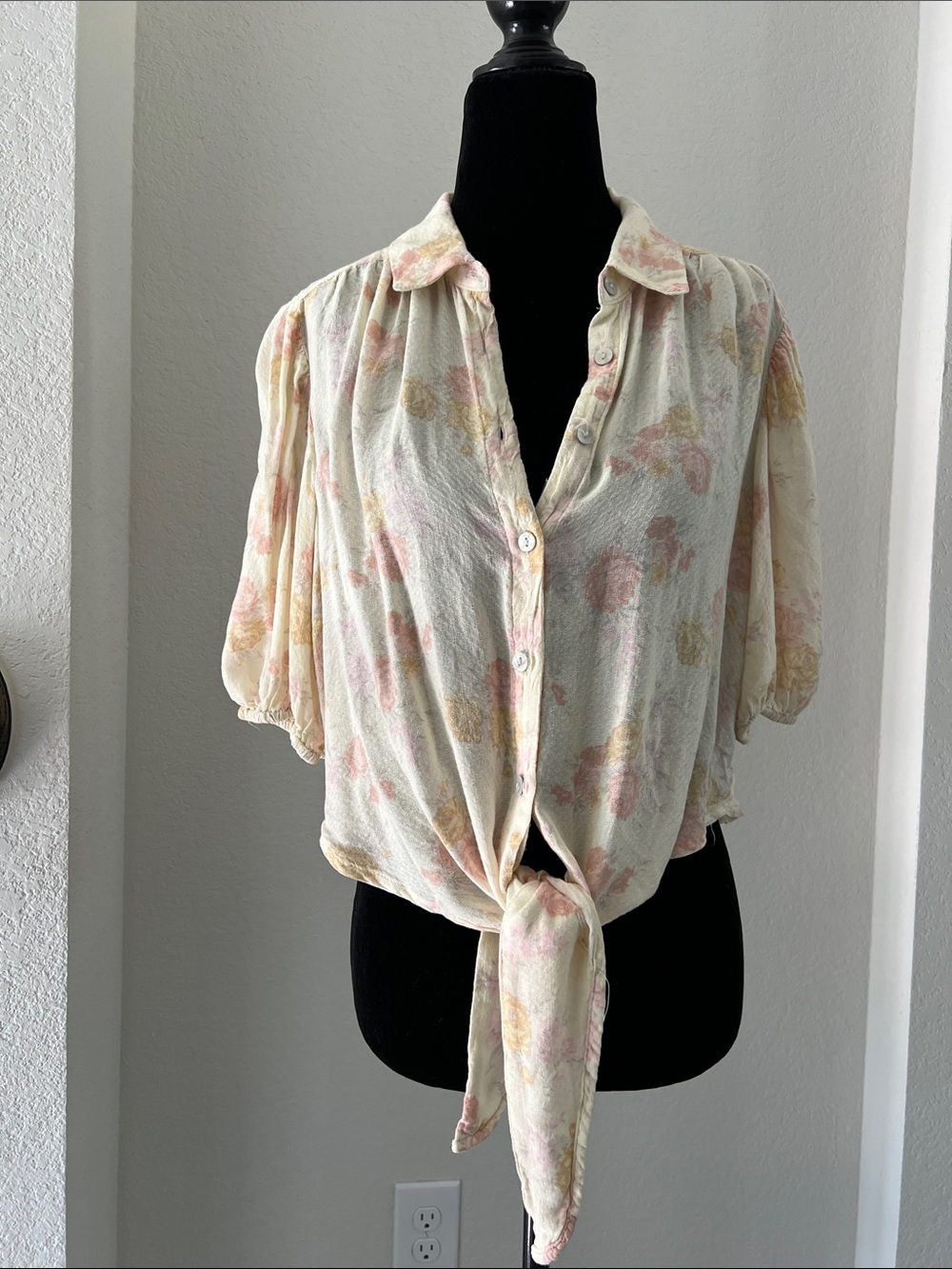Free People Cream Floral Tie-Front Button Down Top